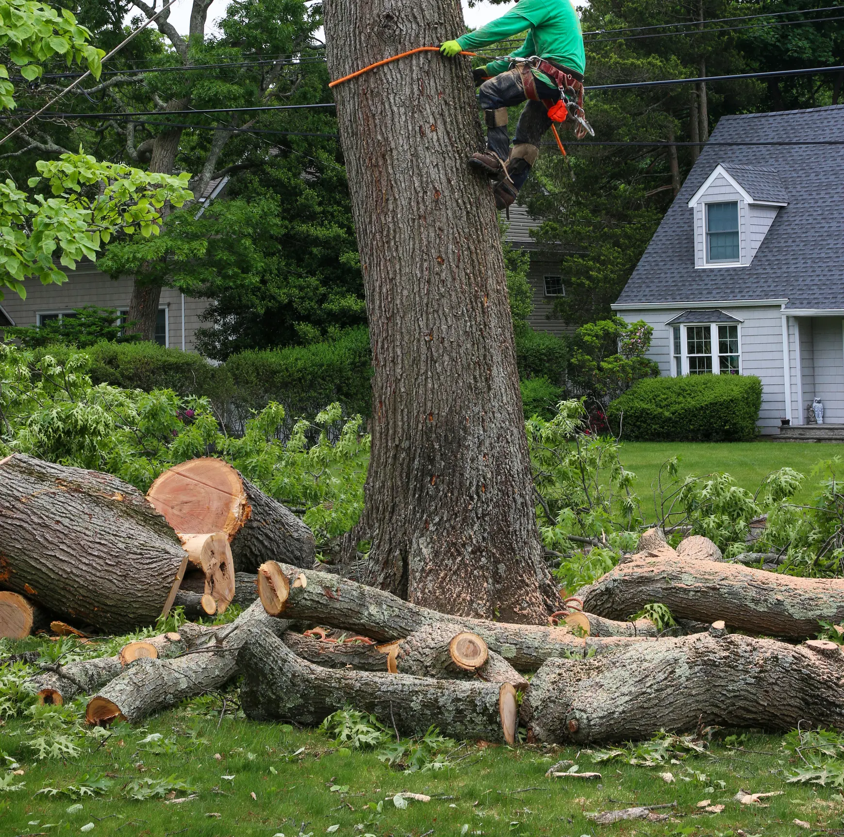Arborist in safety gear roped to a large trunk cutting and removing a storm-downed oak while piled logs and branches lie on a residential lawn in front of a suburban house, illustrating 24/7 emergency tree removal and yard cleanup services